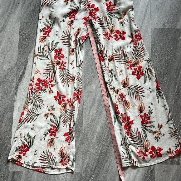 White floral linen pants elastic waist & pockets size medium red & orange - Picture 11 of 13